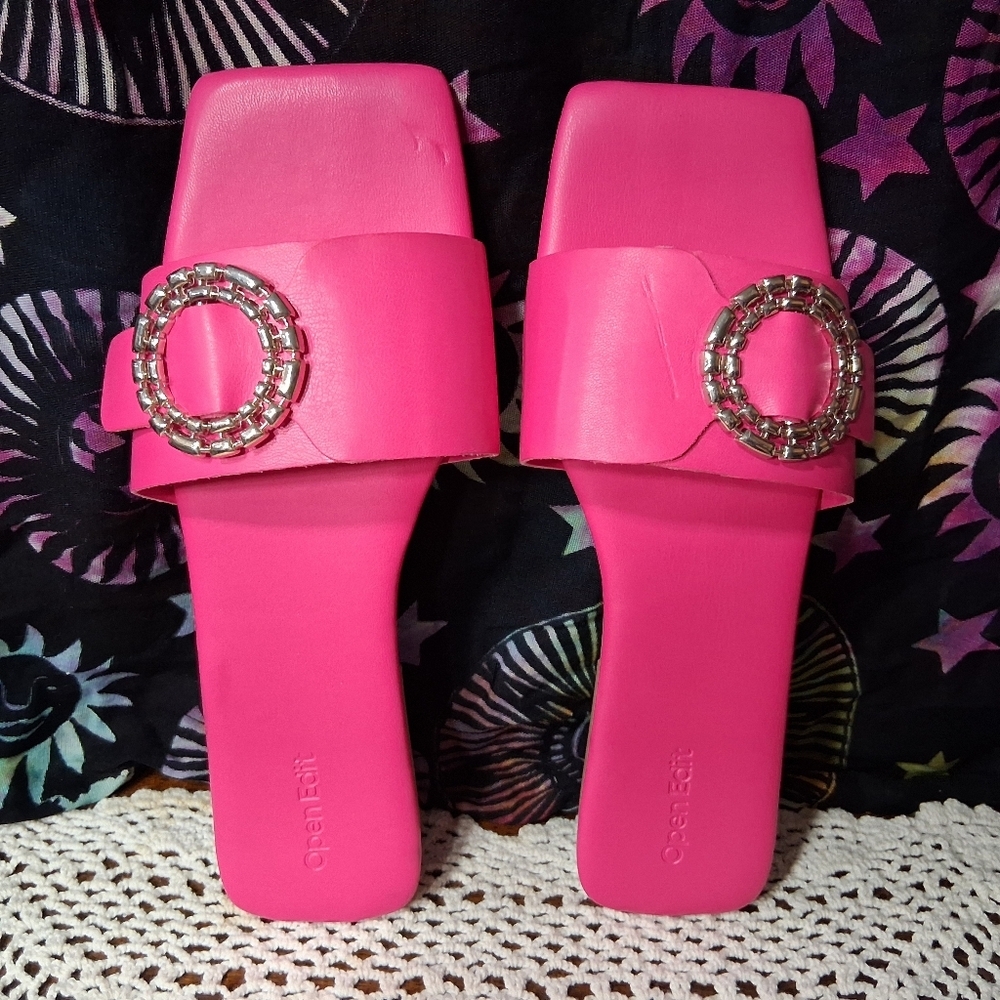 Open Edit Lely Slides Sandals Pink Silver Buckle Square Toe Size 9 Flip Flops
